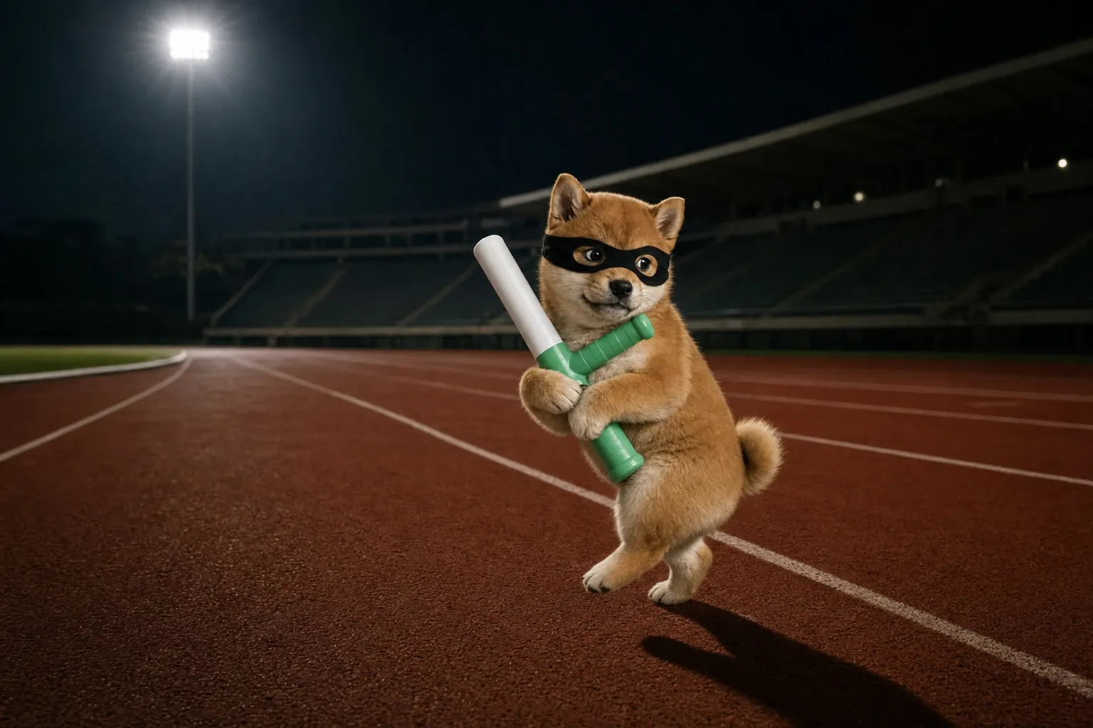A shiba puppy in a little black bandit mask tiptoes away across a night stadium running track, hugging a white-and-green baton