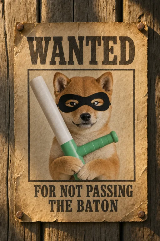 An old paper WANTED poster on a wooden wall: the masked puppy hugging the baton, FOR NOT PASSING THE BATON